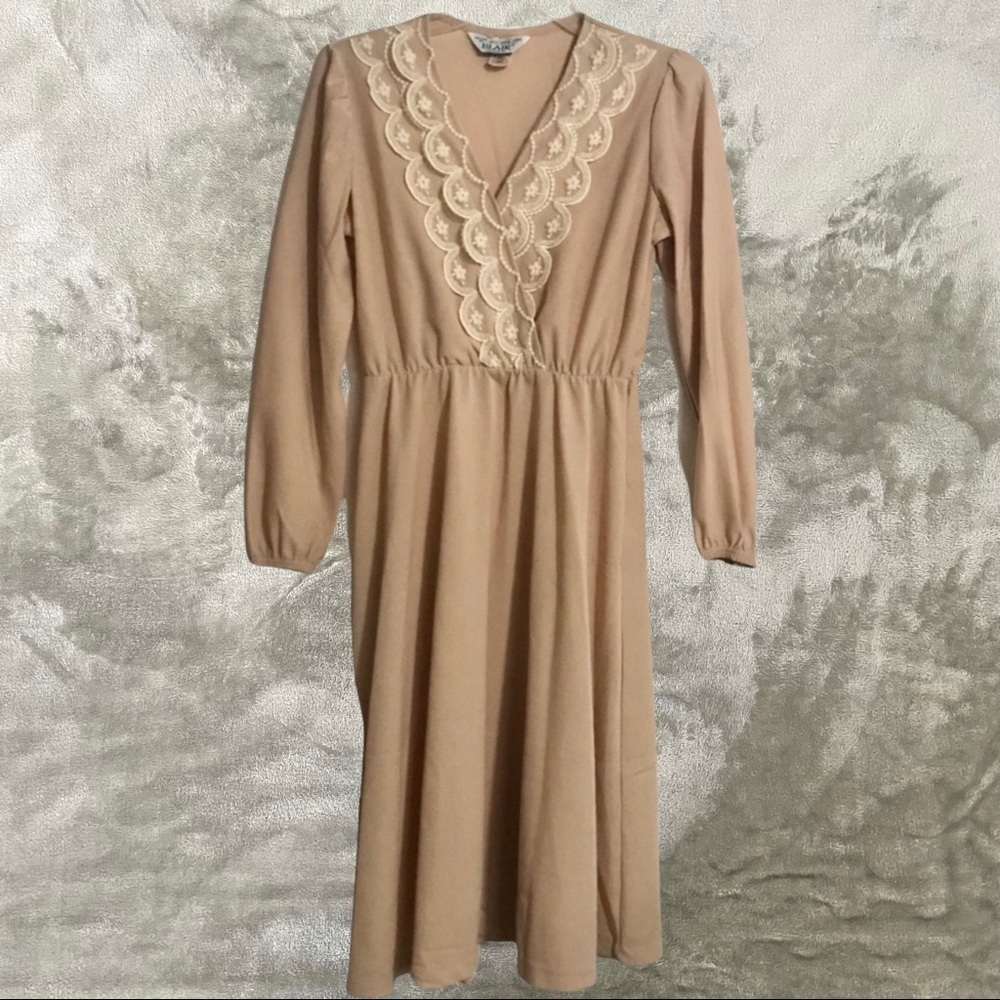 Vintage Blair Union Made Wrap Dress Scallop Lace Long Sleeve Size 8 USA